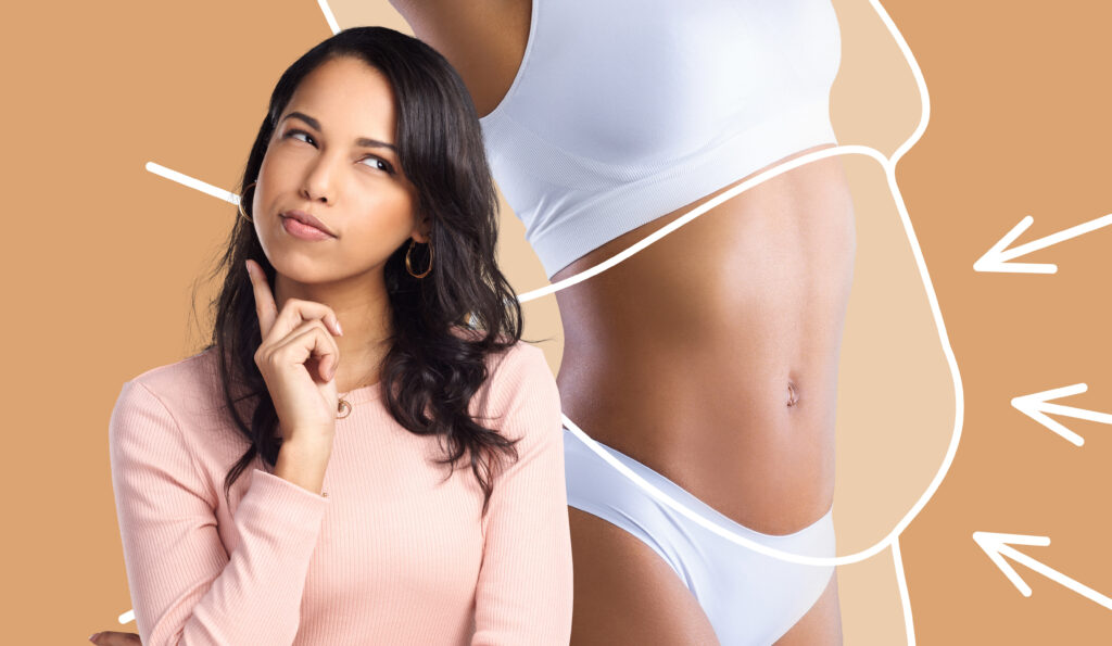Young slim african american lady in white lingerie enjoys weight loss result with fat abstract body around